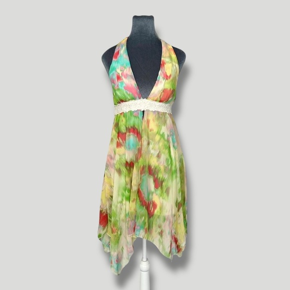 grass collection Dresses & Skirts - Fairycore mini asymmetrical chiffon lace empire waist babydoll halter dress M